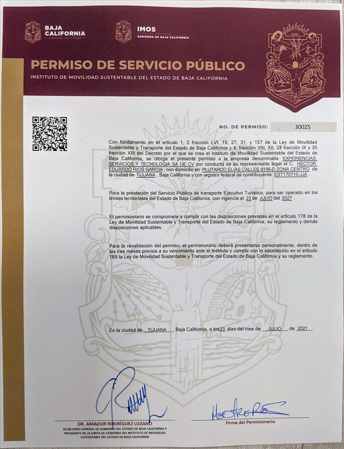 Permiso Estatal de Servicio Público de Transporte Ejecutivo y Turístico, otorgado por IMOS Baja California.