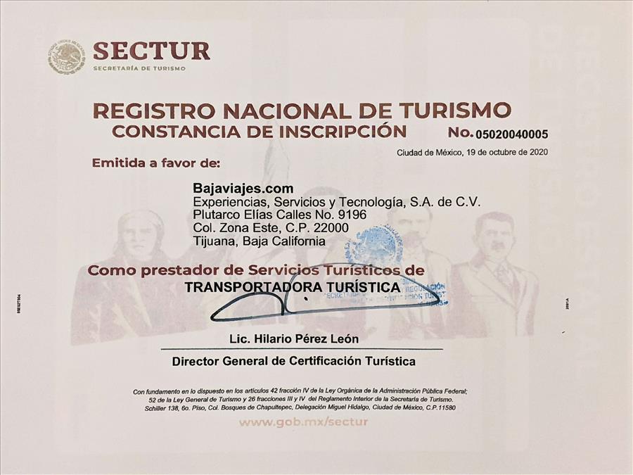 Registro Nacional de Turismo, otorgado por SECTUR Federal